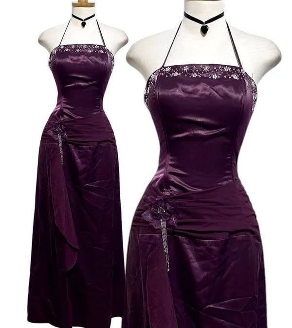 Purple Fashion Elegant Vintage Backless Exquisite Beaded Halter Prom Party Dress Long Satin Formal Evening Dress Ball Gown Secondary image