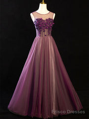 Purple Floral Long Lace Prom Dresses, Purple Floral Long Lace Formal Evening Dresses