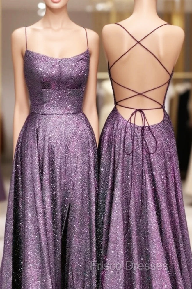 Purple Glitter Formal Prom Dress Side Split Lace Up Back Main image