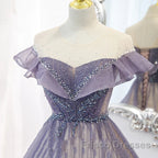 Purple Gradient A-Line Beaded Tulle Long Formal Prom Dress, Floor Length Purple Evening Dress