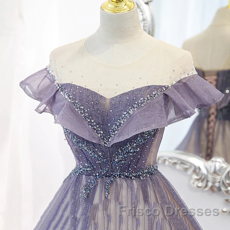 Purple Gradient A-Line Beaded Tulle Long Formal Prom Dress, Floor Length Purple Evening Dress