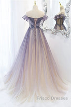 Purple Gradient A-Line Beaded Tulle Long Formal Prom Dress, Floor Length Purple Evening Dress