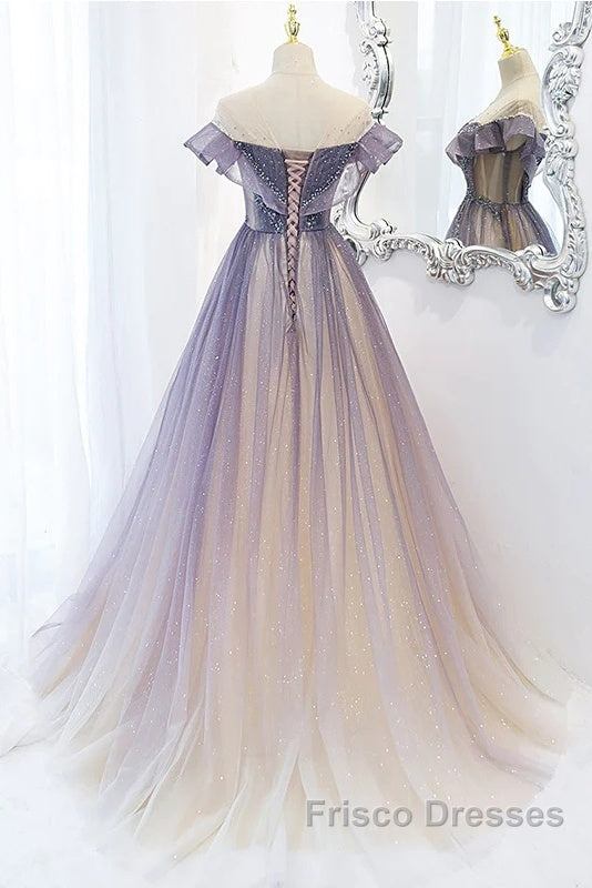 Purple Gradient A-Line Beaded Tulle Long Formal Prom Dress, Floor Length Purple Evening Dress