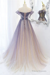 Purple Gradient A-Line Beaded Tulle Long Prom Dress, Floor Length Purple Evening Dress