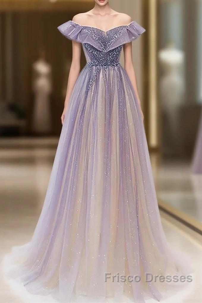 Purple Gradient A-Line Beaded Tulle Long Formal Prom Dress, Floor Length Purple Evening Dress Main image