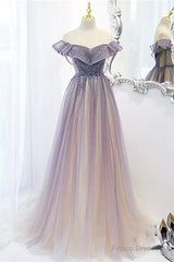Purple Gradient A-Line Beaded Tulle Long Prom Dress, Floor Length Purple Evening Dress