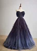 Purple Gradient Off Shoulder Beaded Sweetheart Prom Dress, Purple Long Tulle Formal Dress