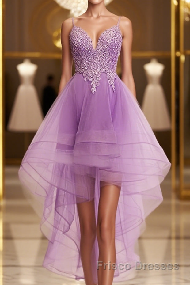 Purple High Low Lace Formal Prom Dresses, Light Purple High Low Lace Formal Homecoming Dresses Main image