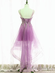 Purple High Low Lace Formal Prom Dresses, Light Purple High Low Lace Formal Homecoming Dresses
