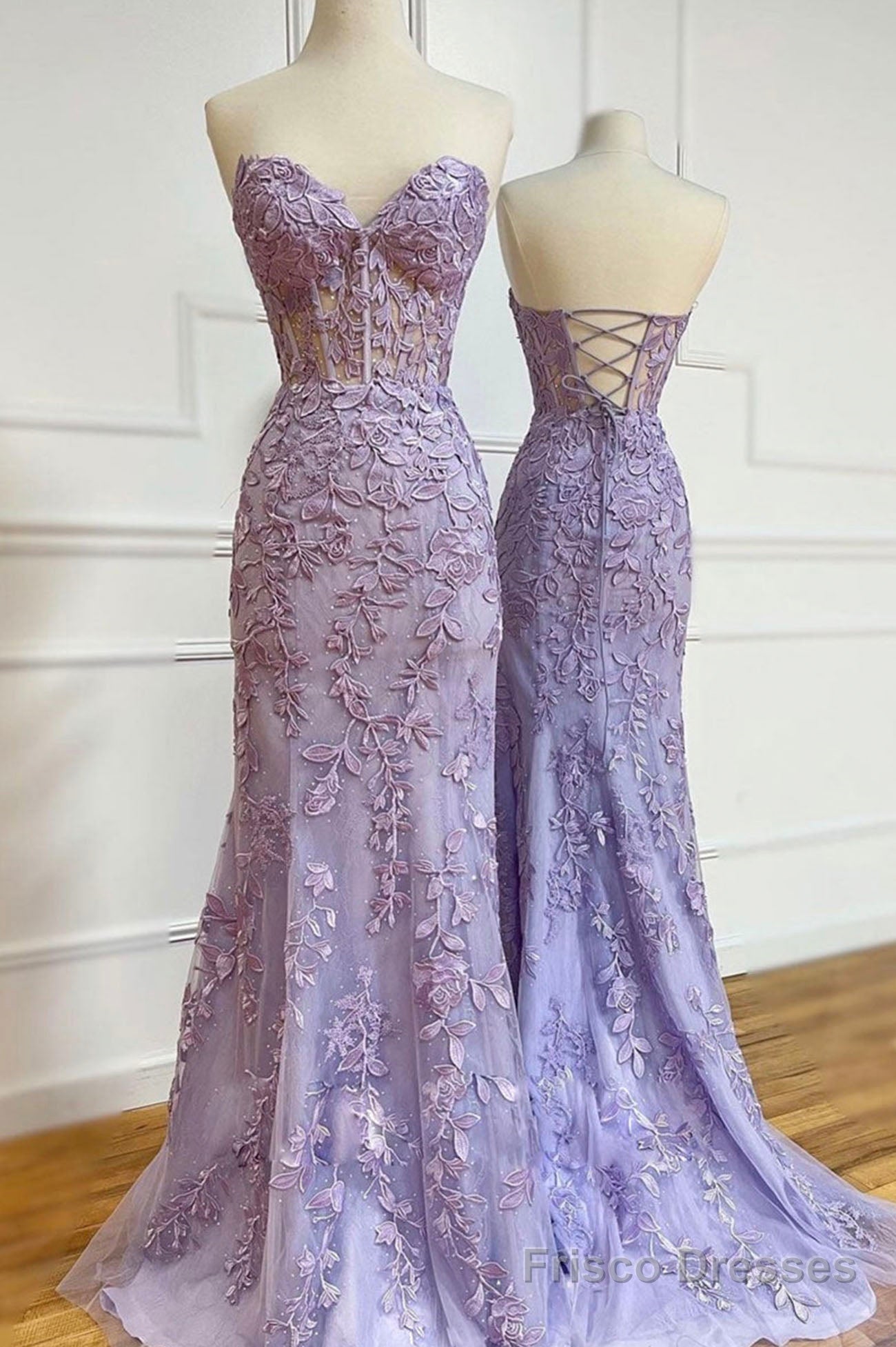 Purple Lace Long Mermaid Prom Dresses, Strapless Evening Dresses Main image