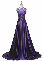 Purple Long Round Neckline Prom Dress, Satin Wedding Party Dress
