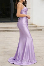 Purple Mermaid Corset Ruched Long Prom Dress with Ruffled Slit