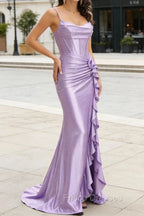 Purple Mermaid Corset Ruched Long Prom Dress with Ruffled Slit