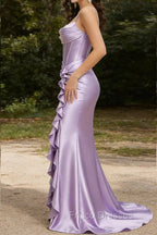 Purple Mermaid Corset Ruched Prom Dress with Ruffled Slit