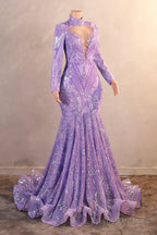 Purple Mermaid Prom Dresses Hight Neck Sequins Long Sleeve Evening Dresses
