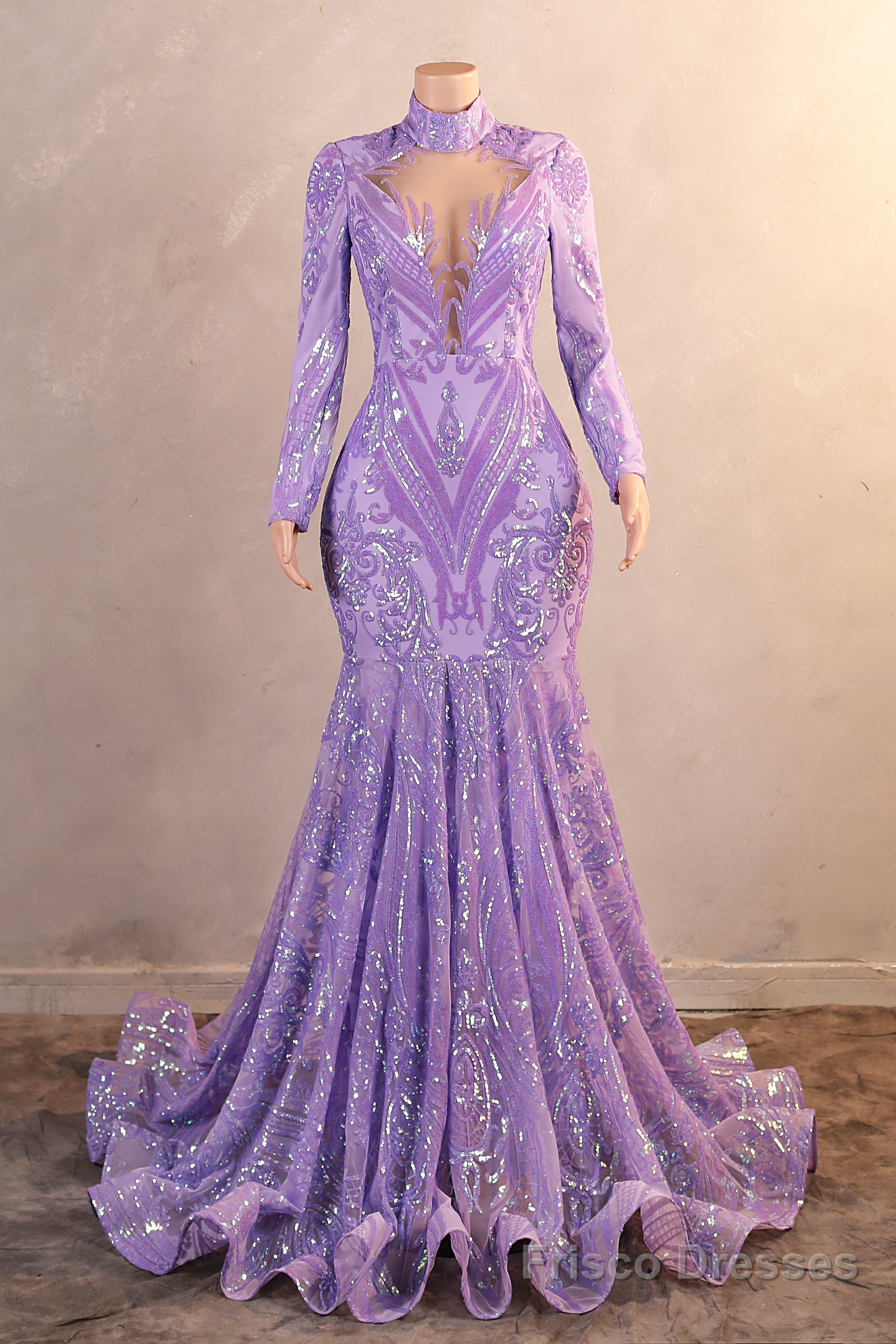 Purple Mermaid Prom Dresses Hight Neck Sequins Long Sleeve Evening Dresses Main image