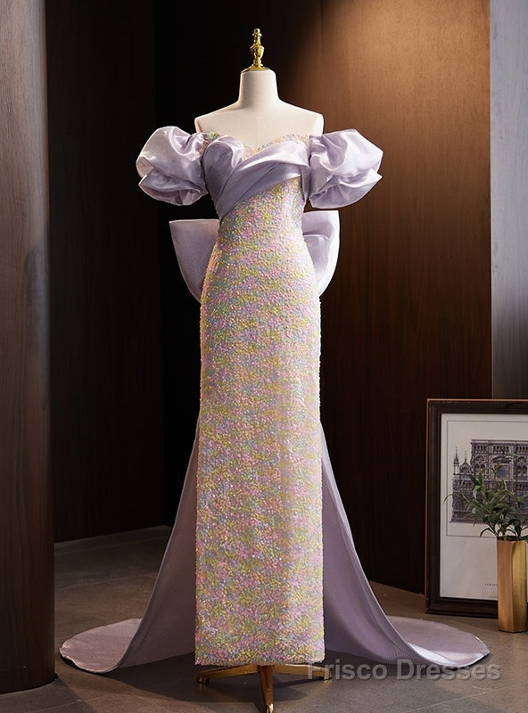 Purple Mermaid Sequins Off the Shoulder Prom Dress With Bow Main image