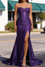 Purple Mermaid Sweetheart Corset Long Prom Dress with Slit