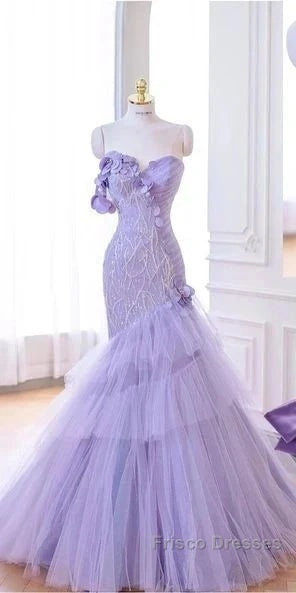 Purple Mermaid Sweetheart Neck Tulle Beaded Long Formal Prom Dress Strapless Sequin Applique Wedding Dress Secondary image