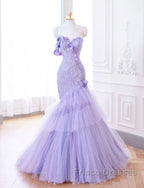 Purple Mermaid Sweetheart Neck Tulle Beaded Long Formal Prom Dress Strapless Sequin Applique Wedding Dress