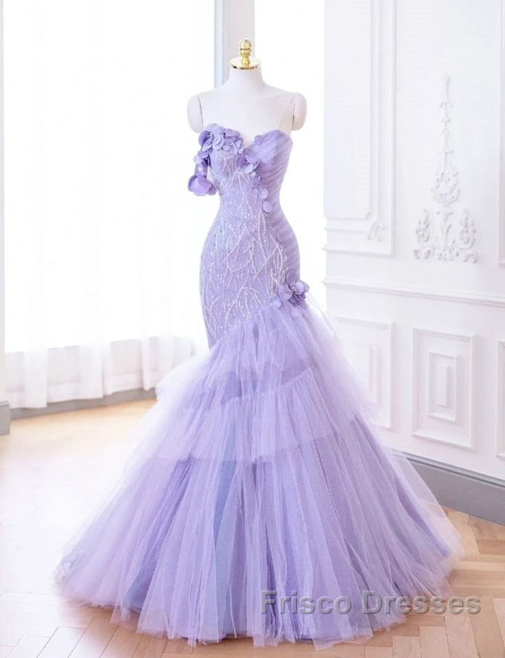Purple Mermaid Sweetheart Neck Tulle Beaded Long Formal Prom Dress Strapless Sequin Applique Wedding Dress