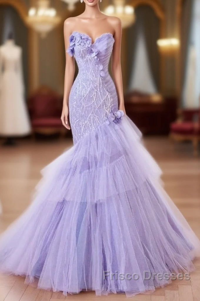 Purple Mermaid Sweetheart Neck Tulle Beaded Long Formal Prom Dress Strapless Sequin Applique Wedding Dress Main image