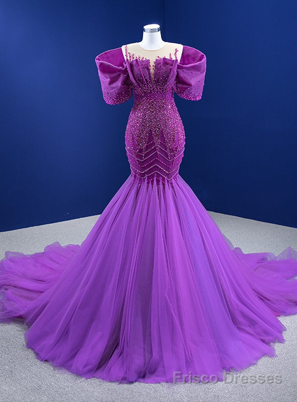 Purple Mermaid Tulle Beading Pearls Prom Dress Main image