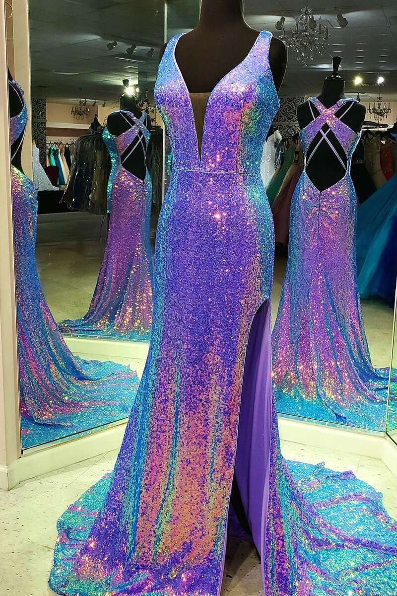 Purple Multi Sequins V-Neck Cross Back Long Formal Dress Main image