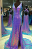 Purple Multi Sequins V-Neck Cross Back Long Formal Dress