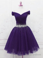 Purple Off Shoulder Knee Length Beaded Tulle Homecoming Dress, Sweetheart Short Prom Dress