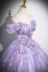 Purple Off Shoulder Lace Floor Length Party Dress, Beautiful Sweet 16 Dress Party Dress