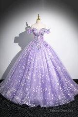 Purple Off Shoulder Lace Floor Length Party Dress, Beautiful Sweet 16 Dress Party Dress