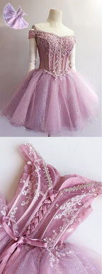 Purple off shoulder see through charming unique style homecoming dresses