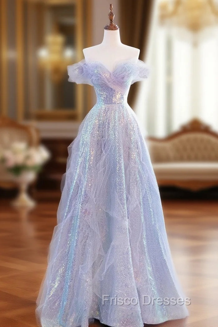 Purple Off Shoulder Sequin Tulle Long Formal Prom Dress, Purple Formal Evening Dress