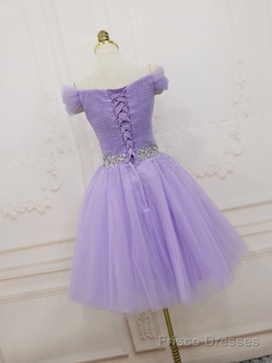 Purple Off Shoulder Tulle Sequin Prom Dress Purple Puffy Homecoming Dress Secondary image
