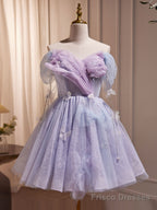 Purple Off Shoulder  Tulle Short Prom Dress, Purple Homecoming Dress