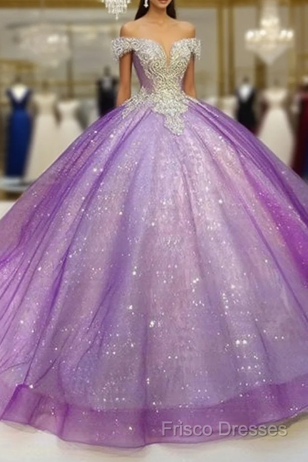 Purple Off The Shoulder Ball Gown , Bling Bling Formal Prom Dress Main image