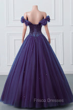 Purple Off-The-Shoulder Sweetheart Party Dress, Beaded Flowers Ball Gown Tulle Formal Prom Dress