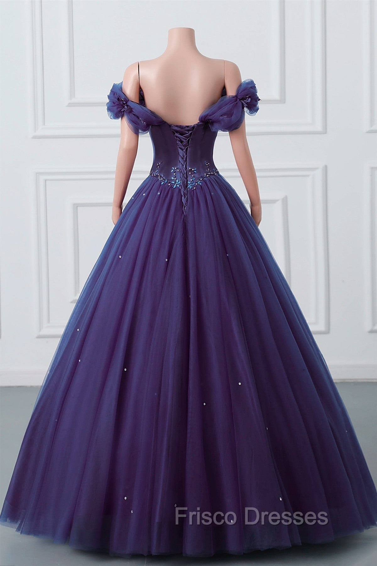 Purple Off-The-Shoulder Sweetheart Party Dress, Beaded Flowers Ball Gown Tulle Formal Prom Dress