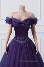 Purple Off-The-Shoulder Sweetheart Party Dress, Beaded Flowers Ball Gown Tulle Formal Prom Dress