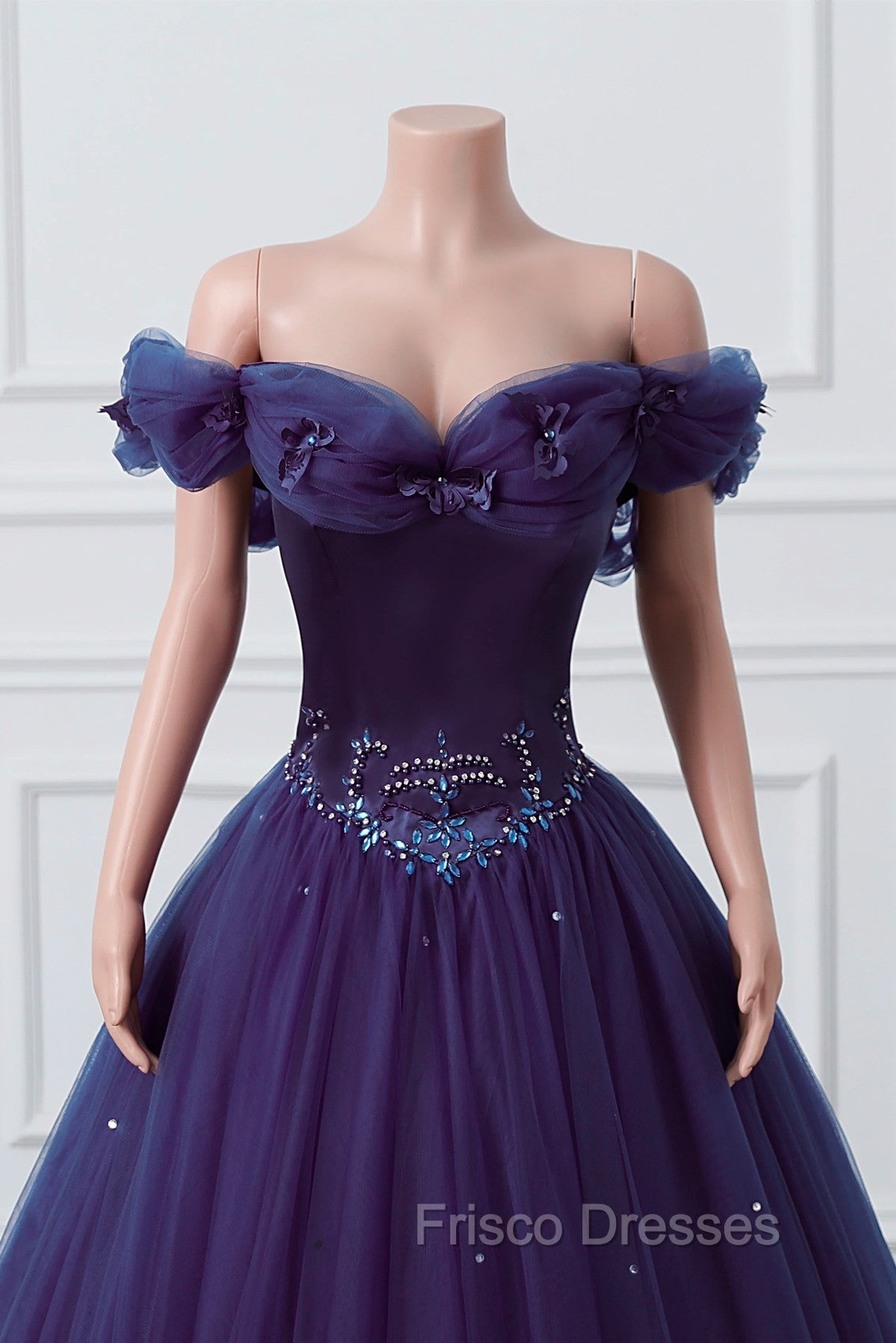 Purple Off-The-Shoulder Sweetheart Party Dress, Beaded Flowers Ball Gown Tulle Formal Prom Dress