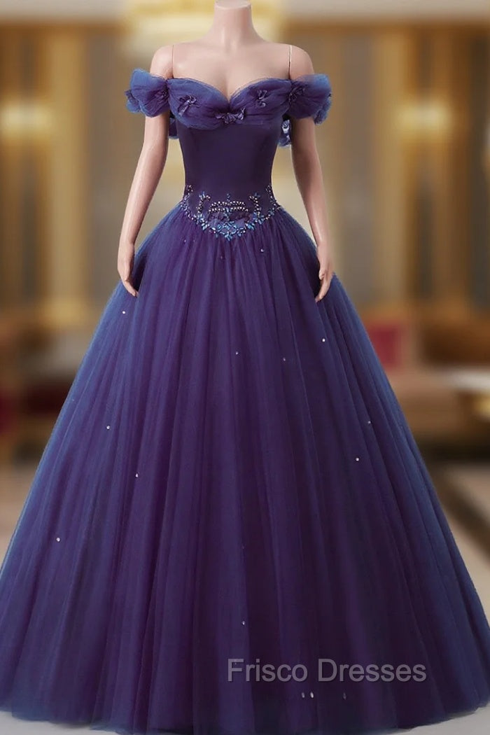 Purple Off-The-Shoulder Sweetheart Party Dress, Beaded Flowers Ball Gown Tulle Formal Prom Dress Main image