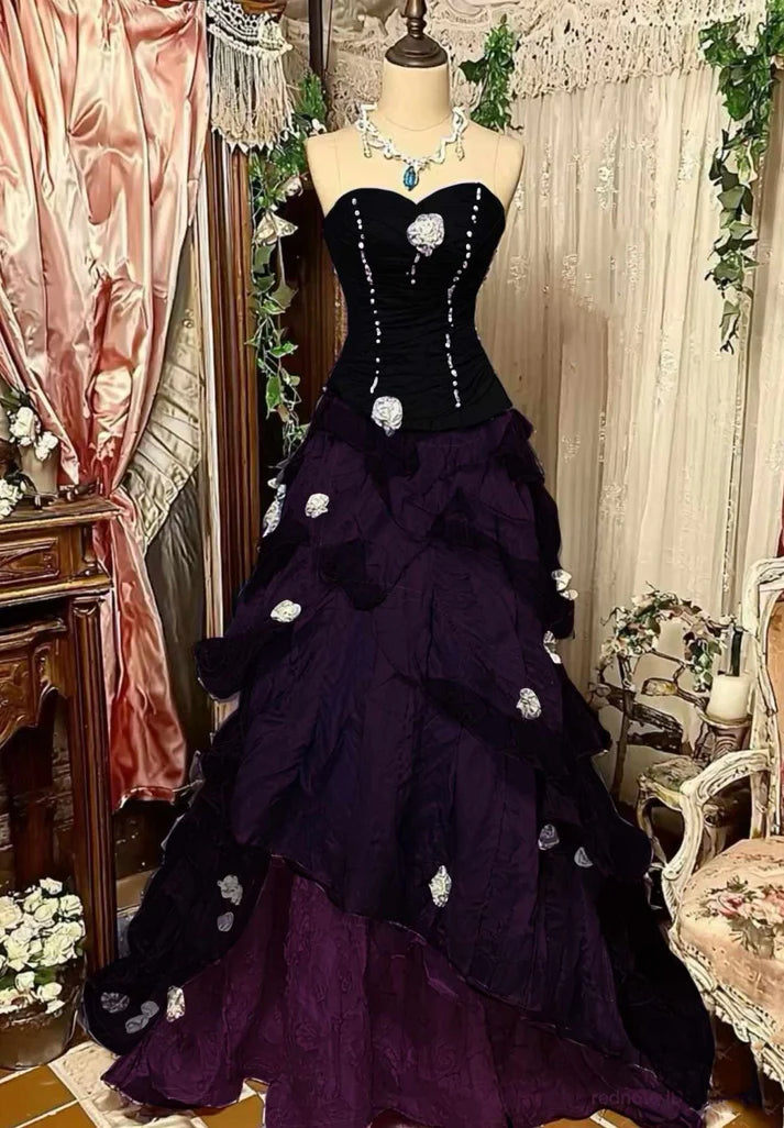 Burgundy Fashion Retro Elegant Delicate Floral Sweet Elegant Long Tulle Floor Length Ball Gown Evening Gown