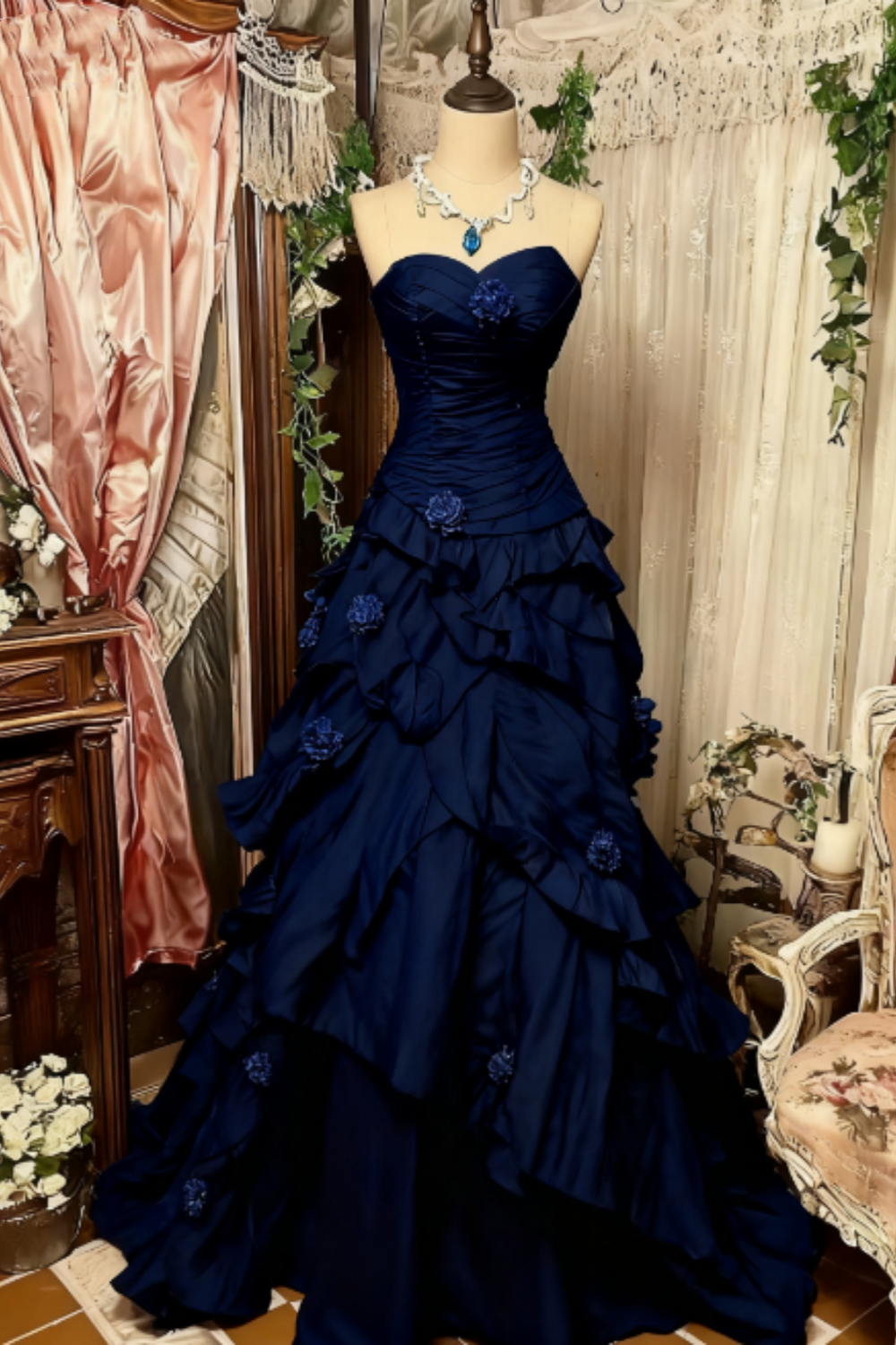 Burgundy Fashion Retro Elegant Delicate Floral Sweet Elegant Long Tulle Floor Length Ball Gown Evening Gown Secondary image