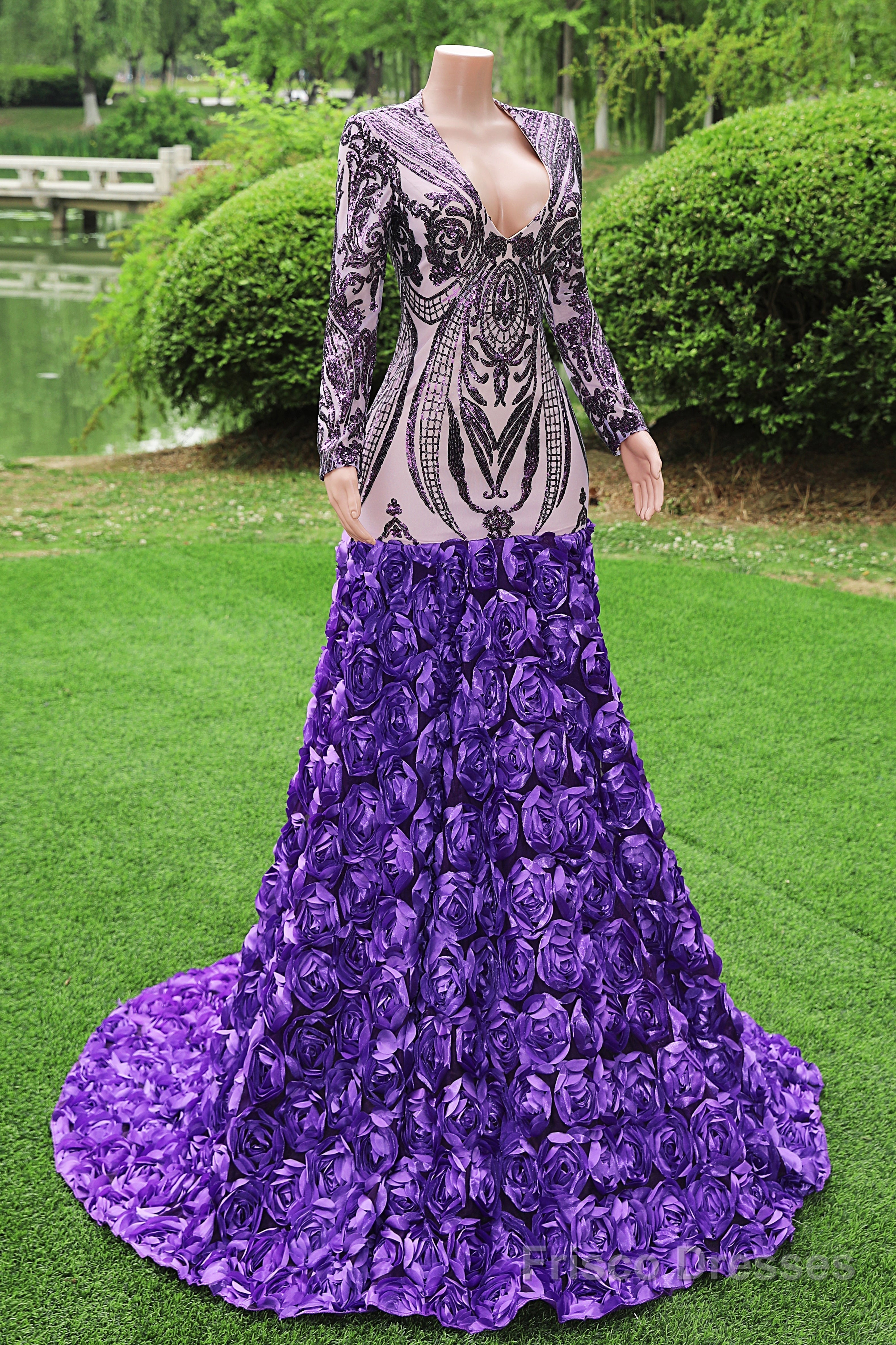 Purple Rose Prom Dresses Sequined V Neck Mermaid Evening Party Dresses Flowers Long Sleeves Pageant Gown Secondary image