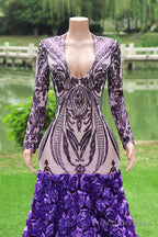 Purple Rose Prom Dresses Sequined V Neck Mermaid Evening Party Dresses Flowers Long Sleeves Pageant Gown