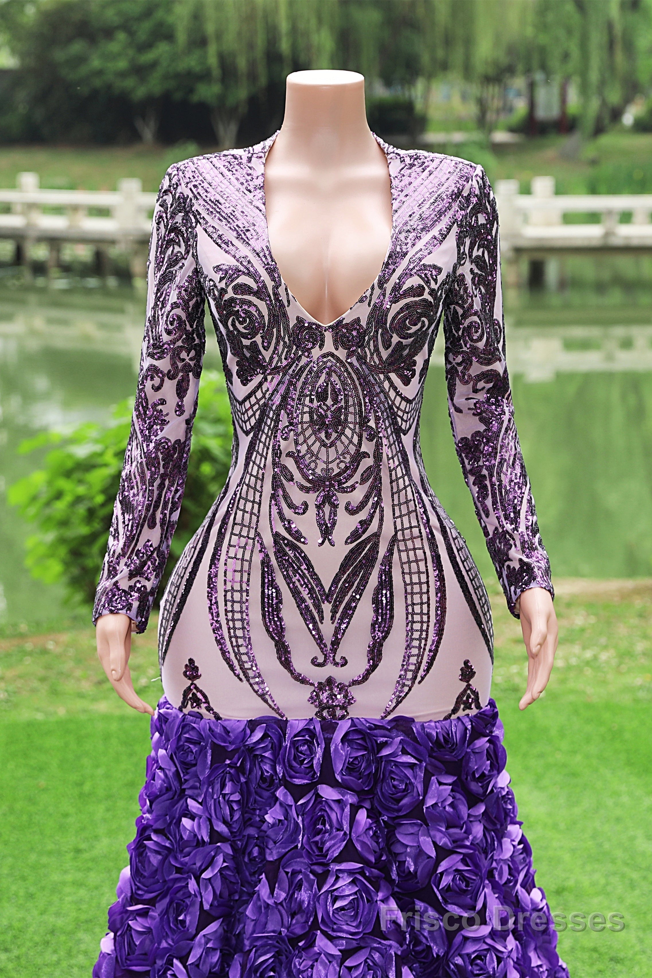 Purple Rose Prom Dresses Sequined V Neck Mermaid Evening Party Dresses Flowers Long Sleeves Pageant Gown