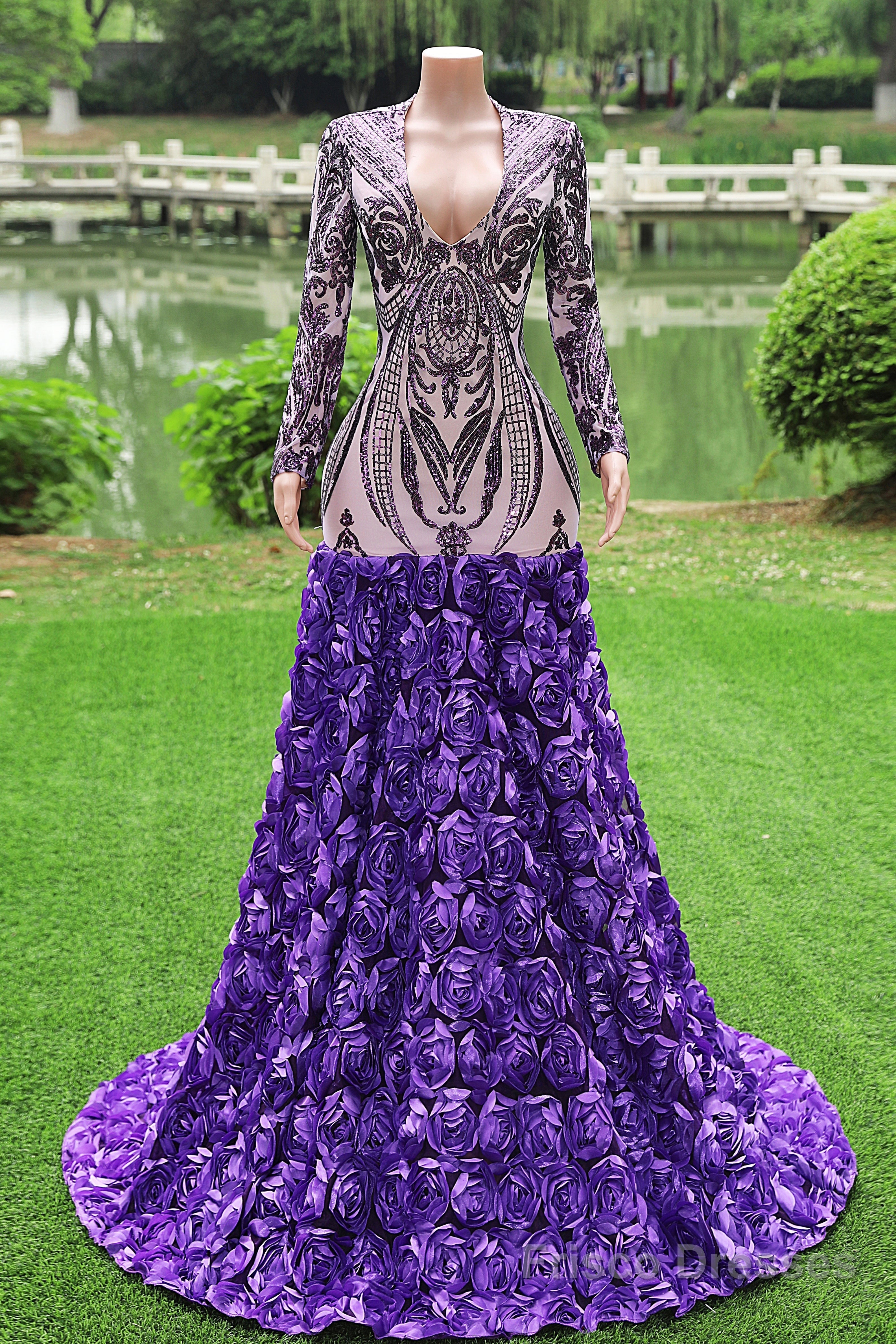 Purple Rose Prom Dresses Sequined V Neck Mermaid Evening Party Dresses Flowers Long Sleeves Pageant Gown Main image