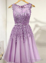 Purple Round Neckline Tulle Short Beaded Lace Knee Length Homecoming Dress