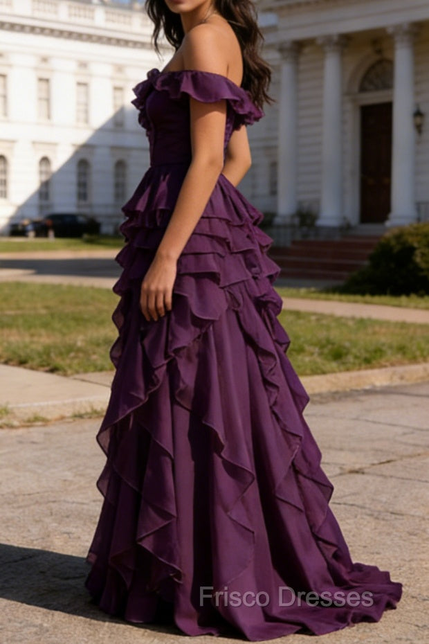Purple Ruffled A-Line Square Neck Long Prom Dress Secondary image